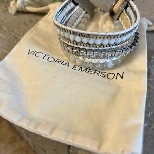 VICTORIA EMERSON gently used 8”, silver and white bracelet with rhinestones.
